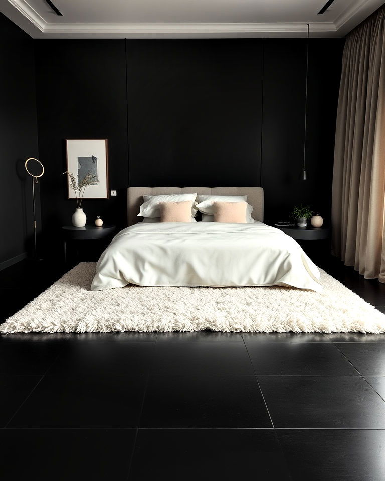 sleek black floor and soft rug for comfort - 20 Black Floor Bedroom Ideas