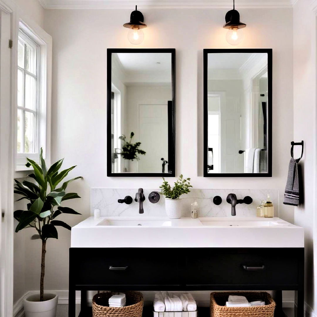 sleek black framed mirrors - 40 Black and White Bathroom Ideas