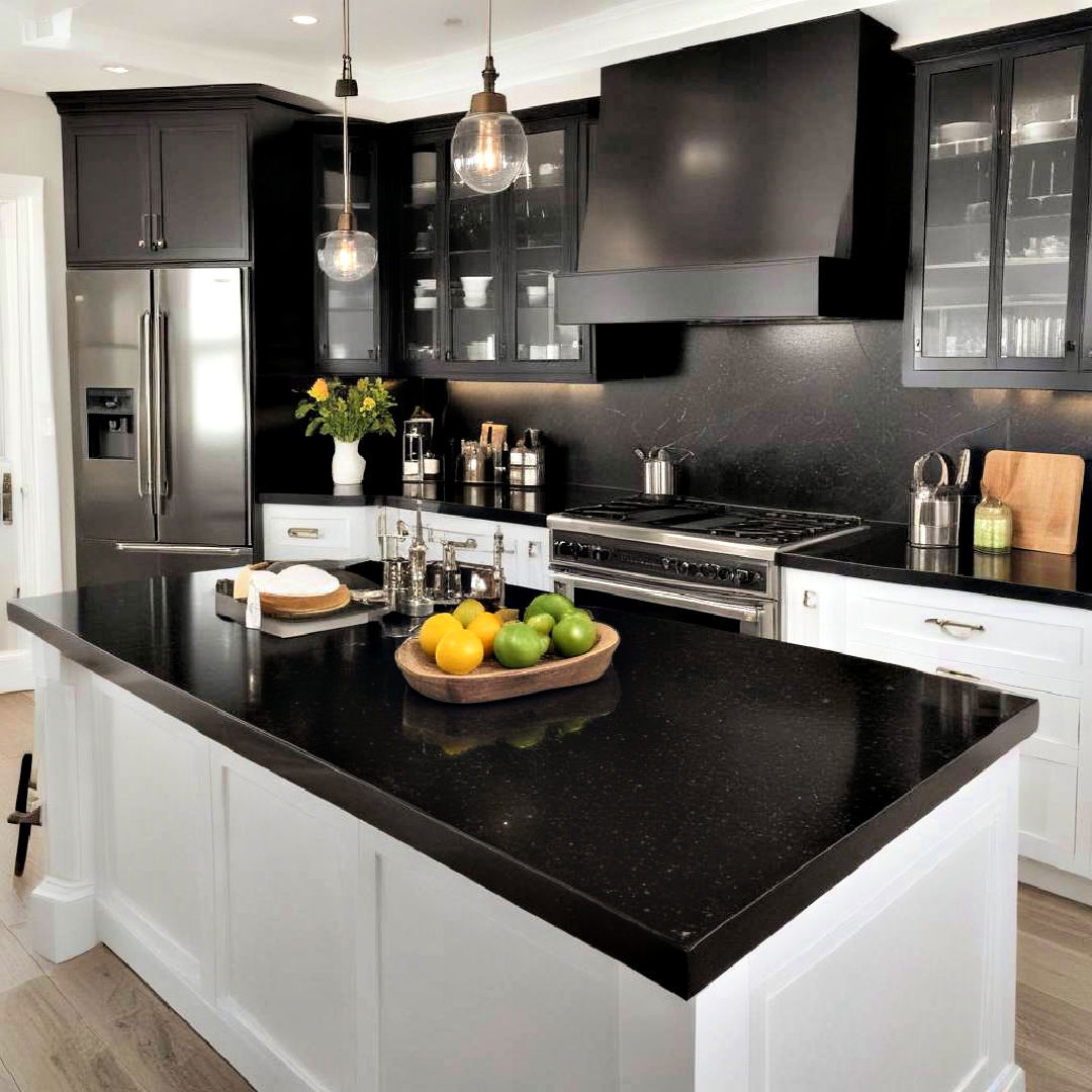 sleek black quartz countertop - 40 Black Kitchen Ideas