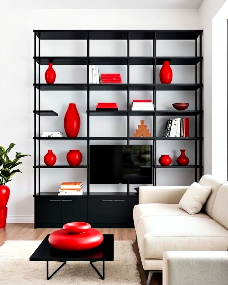 sleek black shelves with red decor items - 25 Black and Red Living Room Ideas