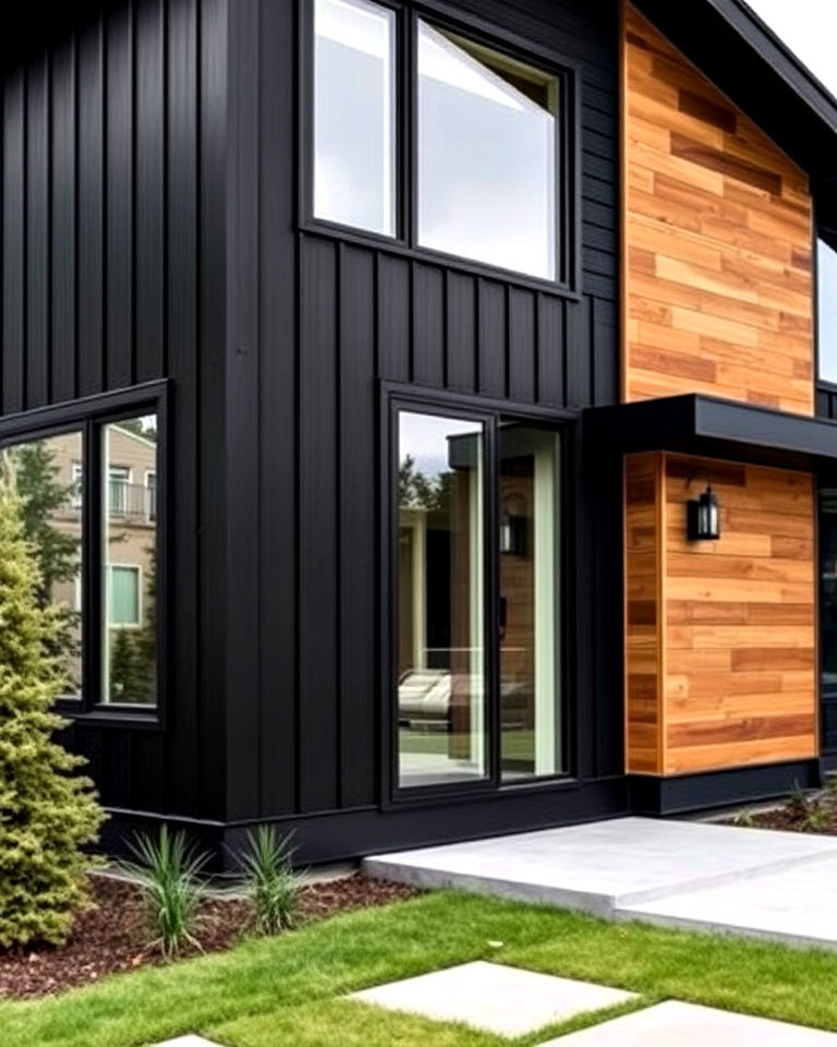 sleek black siding with warm woodgrain panels - 20 Two-tone Siding Designs