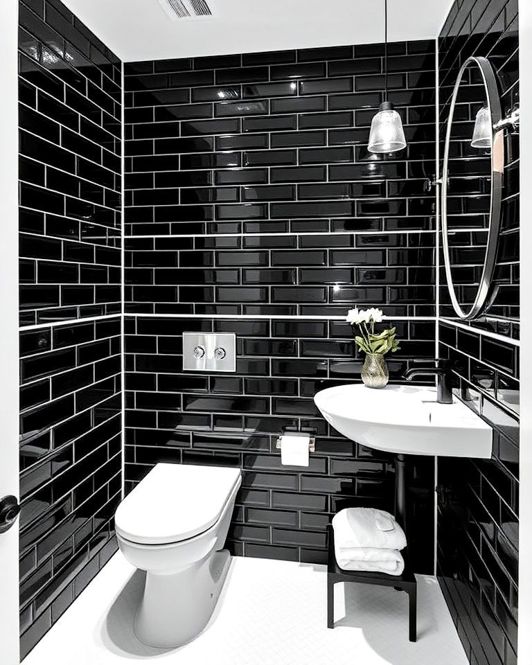 sleek black subway tiles design - 25 Black Powder Room Ideas