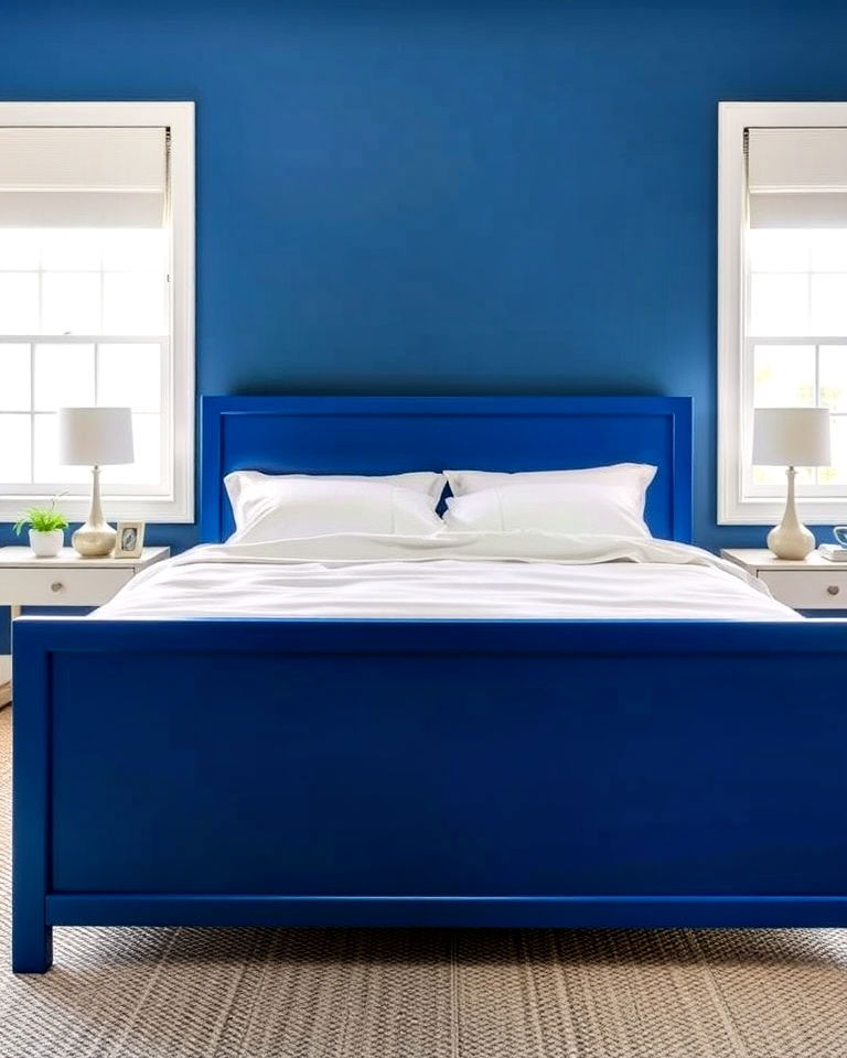 sleek blue bed frame with white linens - 25 Blue and White Bedroom Ideas