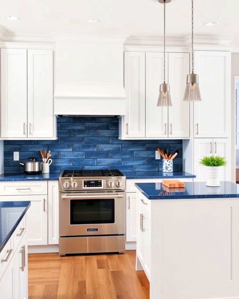 sleek blue countertops and white cabinets - 30 Blue and White Decor Ideas