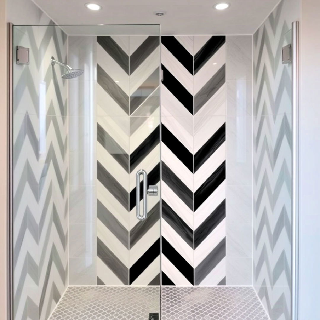 sleek chevron tiles - 30 Walk-in Shower Tile Ideas