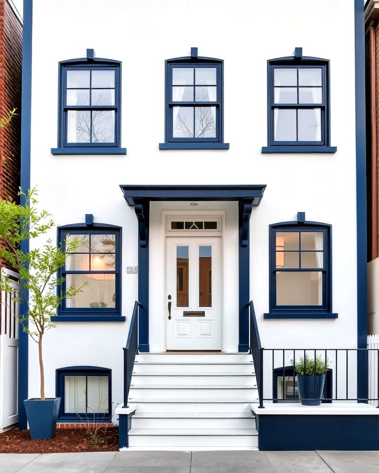 sleek city vibe white exterior with navy blue trim - 20 White House With Blue Trim Design Ideas