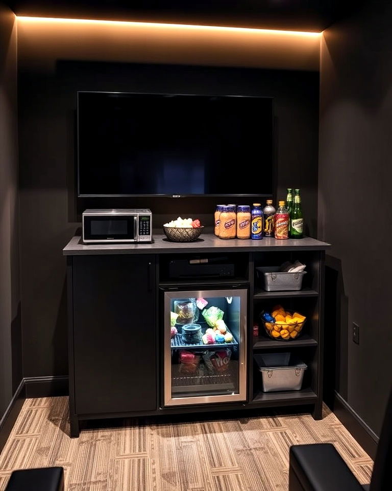 sleek compact snack station - 40 Small Home Theater Ideas
