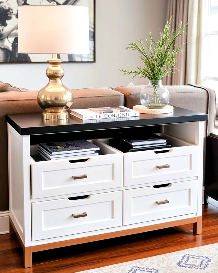 sleek console table with drawers - 30 Living Room Storage Ideas