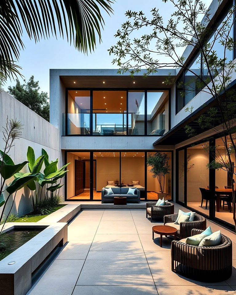 sleek courtyard with modern features - 30 Transitional Home Exterior Ideas