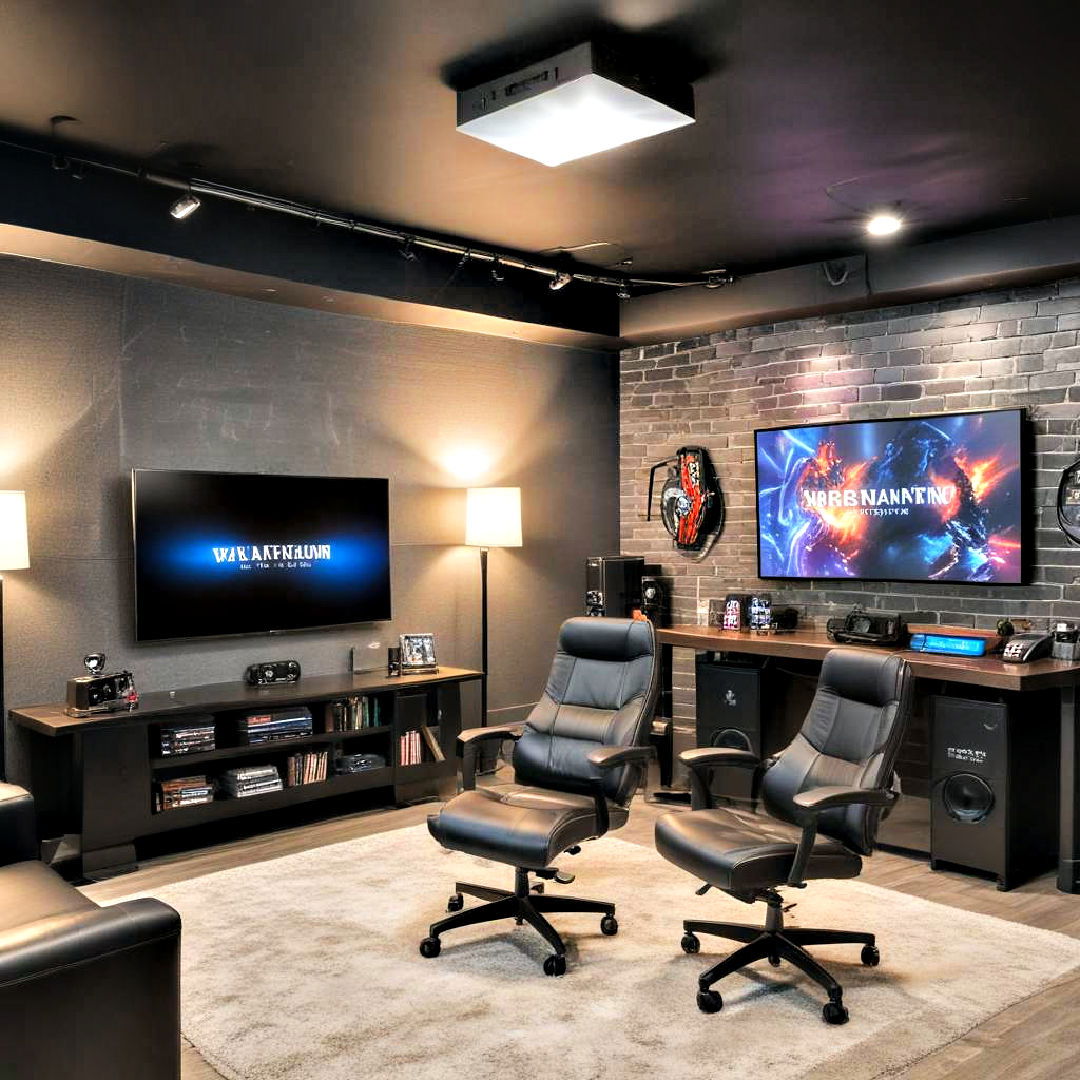 sleek digital gaming lounge - 25 Basement Game Room Ideas