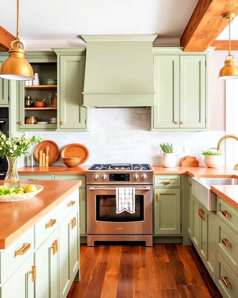 sleek finish glossy black countertops - 20 Rustic Sage Green Kitchen Cabinets