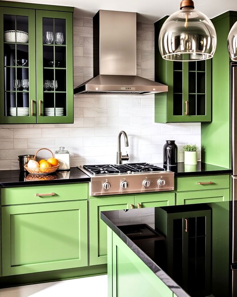 sleek finish glossy black countertops - 20 Green Kitchen Cabinets With Black Countertops