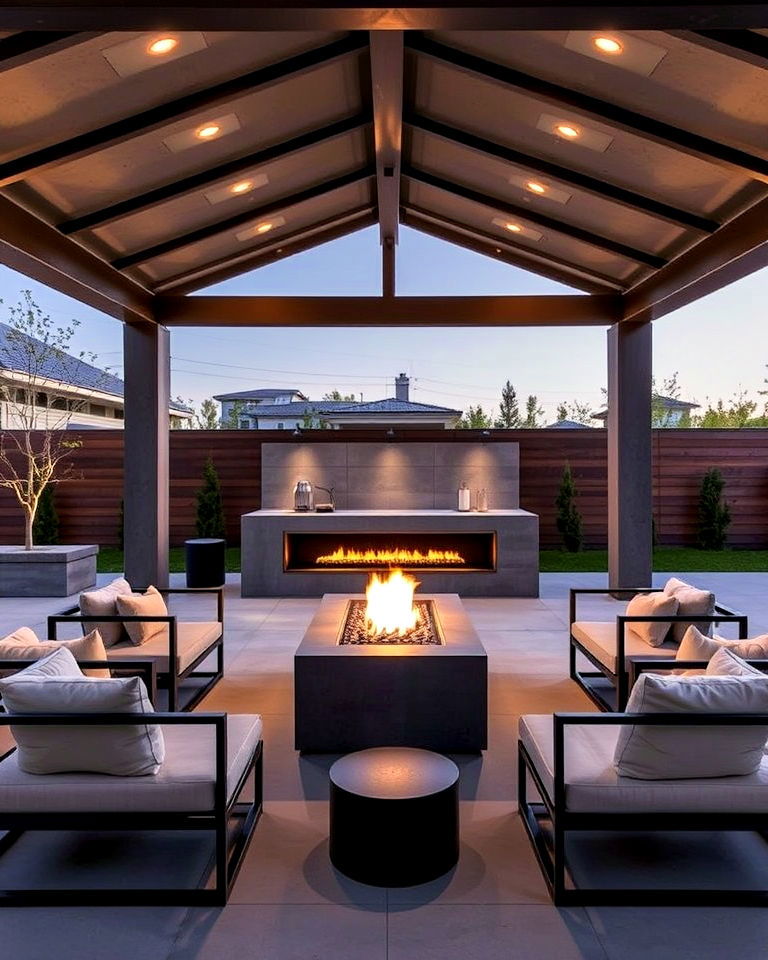 sleek fireplace and modern pavilion - 15 Backyard Pavilions With Fireplaces
