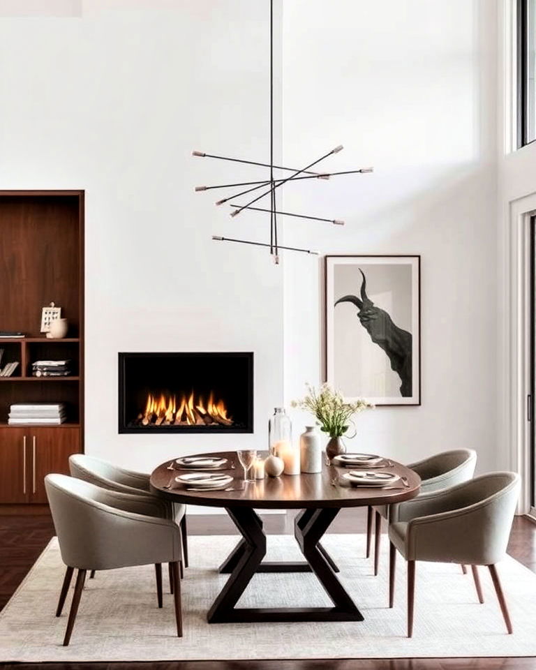 sleek fireplace in modern dining room - 30 Dining Rooms With Fireplaces