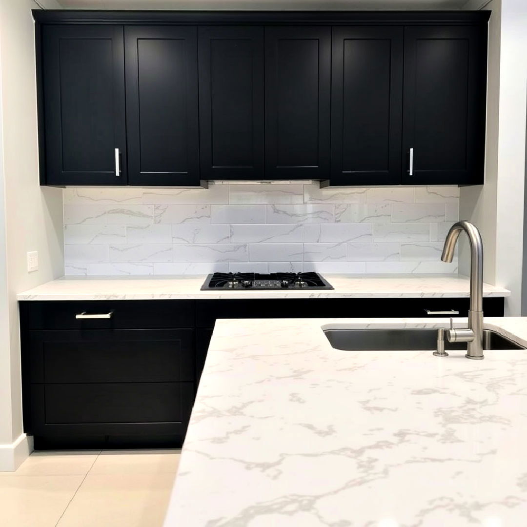 sleek flat panel black cabinets with white granite countertops - 15 Black Kitchen Cabinets With White Countertops