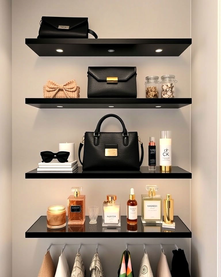sleek floating shelves for accessories - 30 Baddie Room Ideas