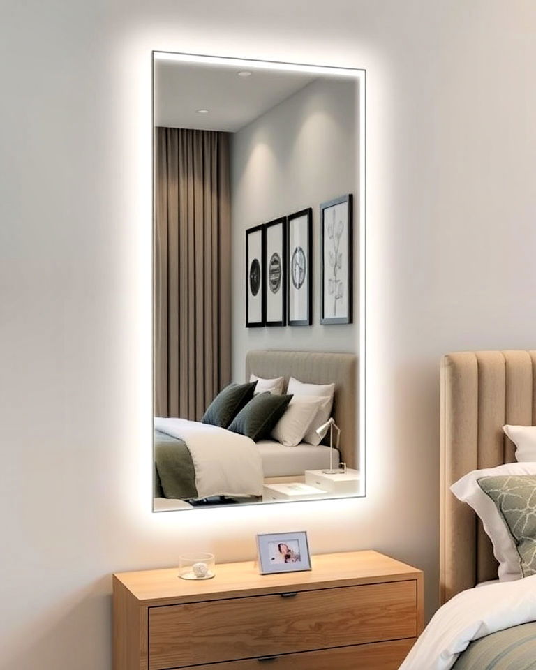 sleek frameless mirror behind nightstand - 15 Mirror Behind Nightstand Design Ideas