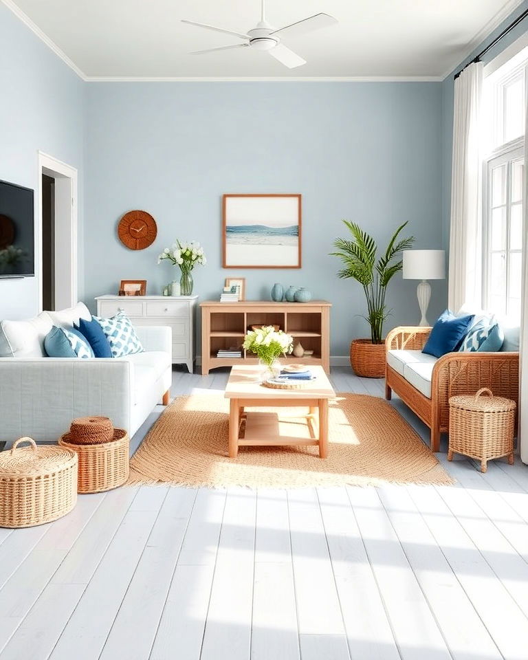 sleek grey floor paired with soft blue walls - 20 Grey Floor Living Room With Blue Walls Ideas
