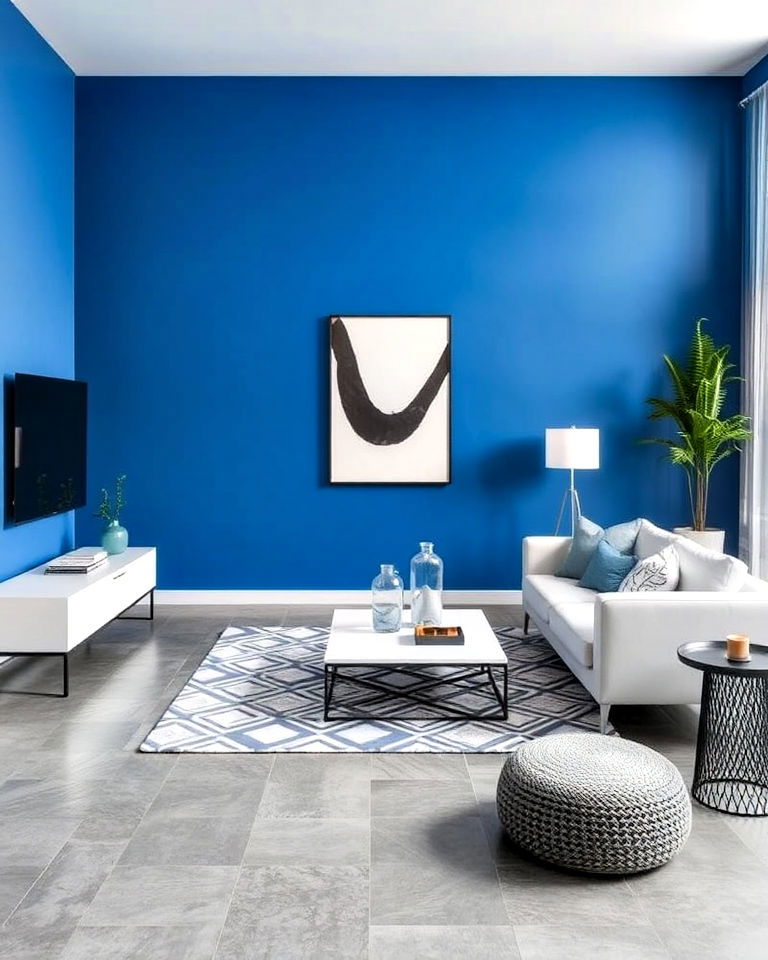 sleek grey floor with vibrant blue walls - 20 Grey Floor Living Room With Blue Walls Ideas