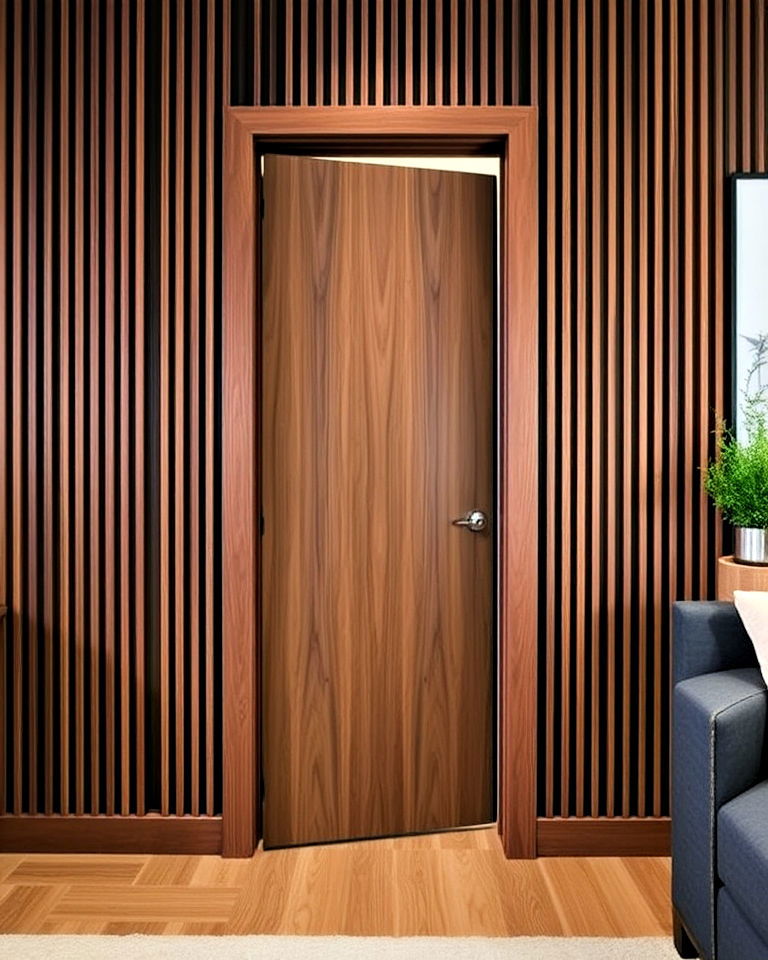 sleek hidden door with slatted wood accent wall design - 40 Wood Slat Accent Wall Ideas