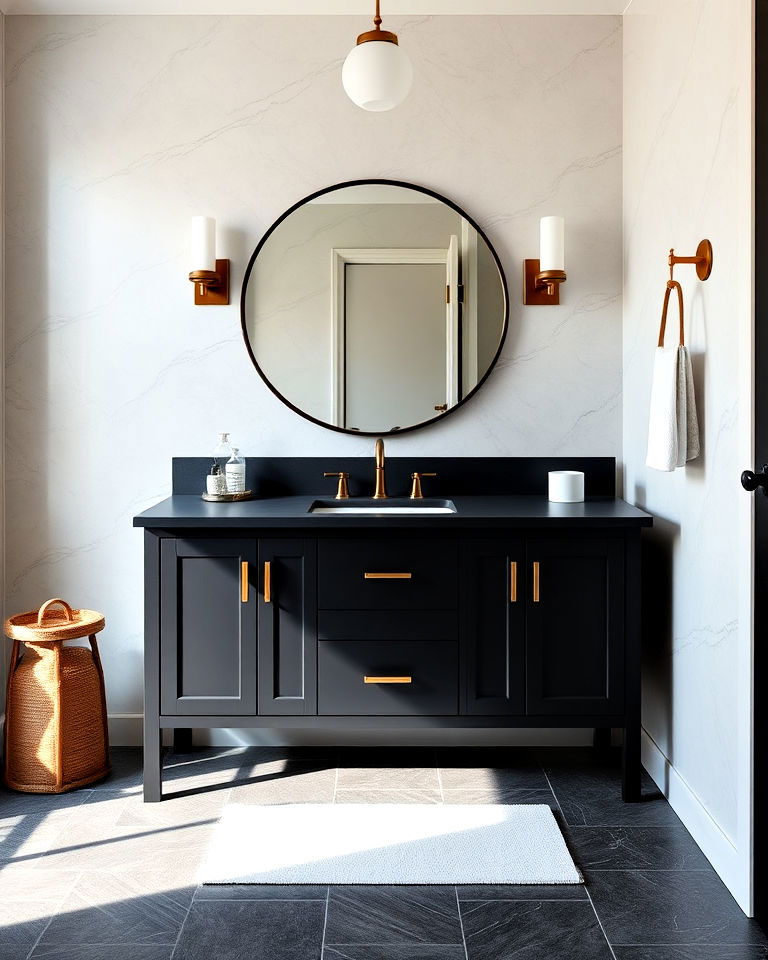 sleek matte black vanity with brass accents - 20 Black Vanity Bathroom Ideas