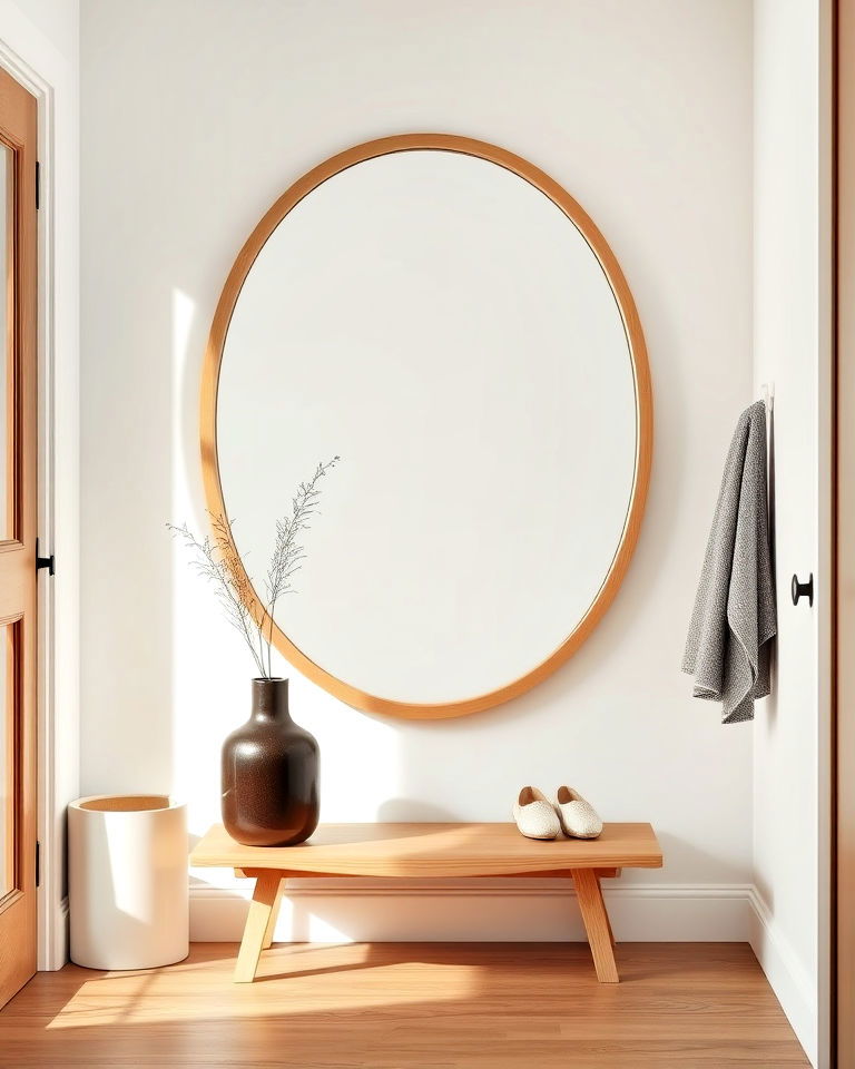 sleek mirror with wooden frame - 20 Scandinavian Entryway Ideas