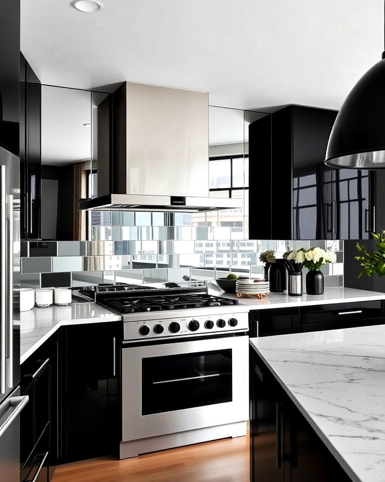 sleek mirrored backsplash and dynamic black accents - 30 Mirrored Backsplash Kitchen Ideas