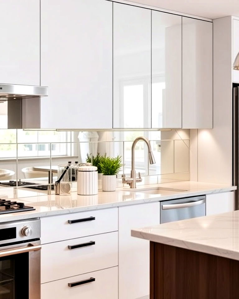 sleek modern chic mirrored backsplash - 30 Mirrored Backsplash Kitchen Ideas