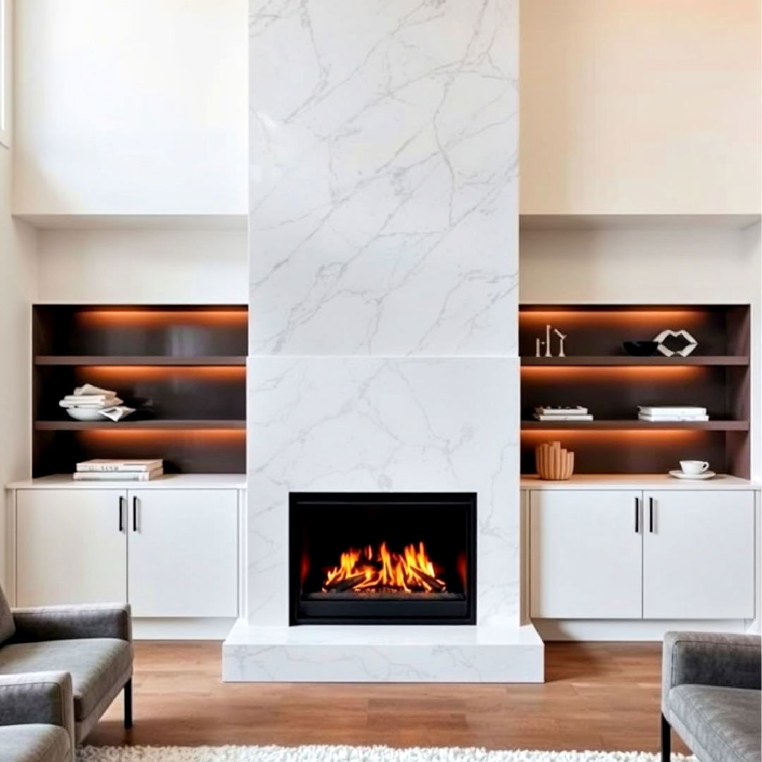 sleek modern minimalist marble fireplace - 25 Two-story Fireplace Ideas