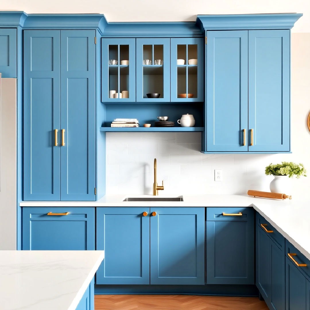 sleek ocean blue cabinets with gold finger pulls - 30 Blue Kitchen Cabinets With Gold Hardware