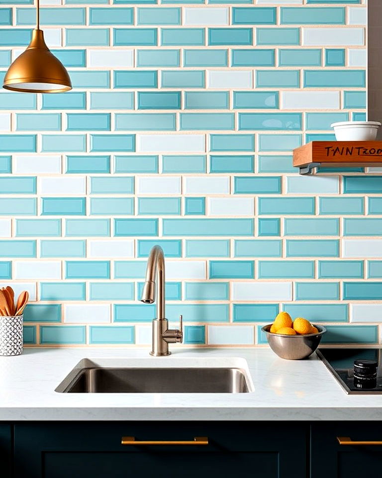 sleek teal and white subway tile wall - 20 Teal and White Kitchen Ideas