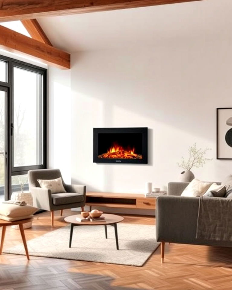 sleek wall mounted electric fireplace - 20 Scandinavian Fireplace Ideas