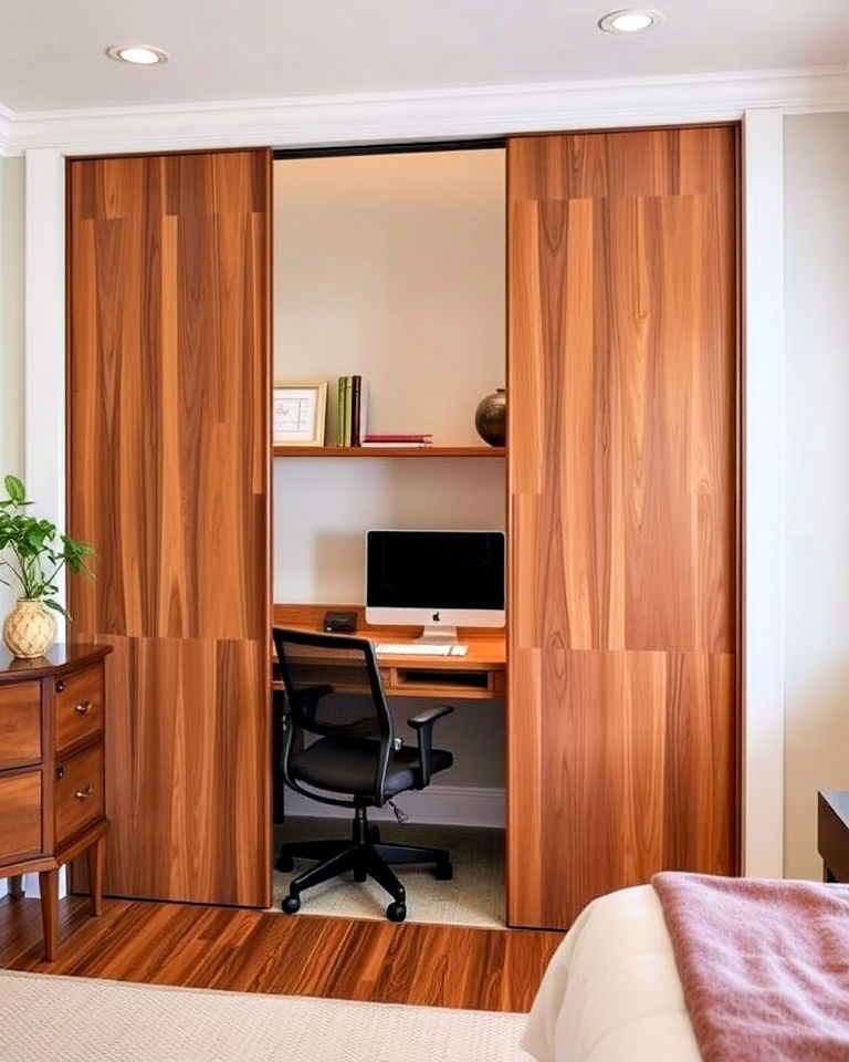 sliding doors to hide the workspace - 40 Bedroom Office Ideas