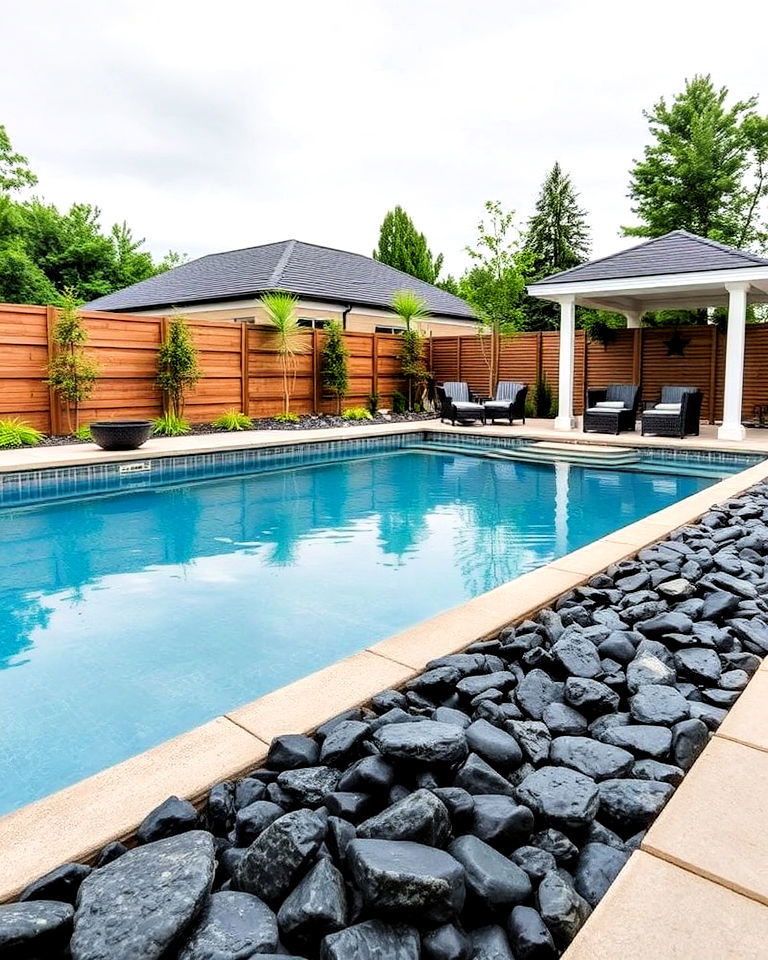 slip resistant black river rock swimming pool border - 20 Black River Rock Landscaping Ideas