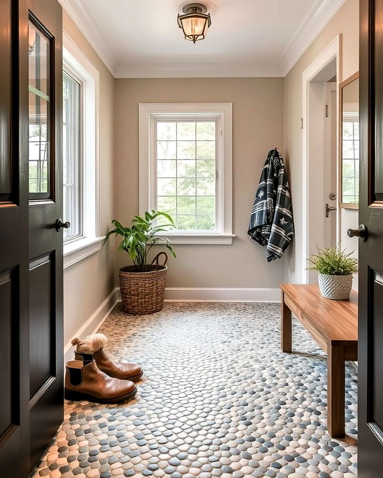 slip resistant neutral pebble mosaic tiles - 15 Mudroom Tile Floor Ideas