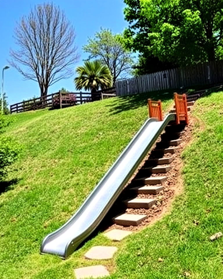 sloped backyard with slide for kids - 25 Down Sloped Backyard Ideas