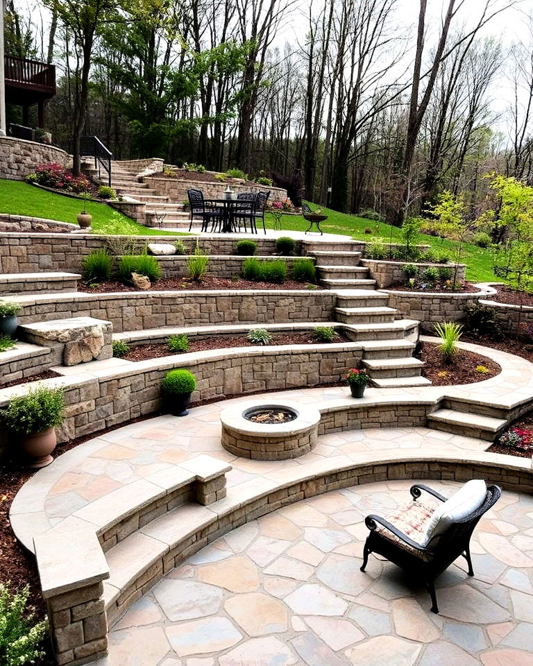 sloped backyard with tiered stone patios - 25 Down Sloped Backyard Ideas