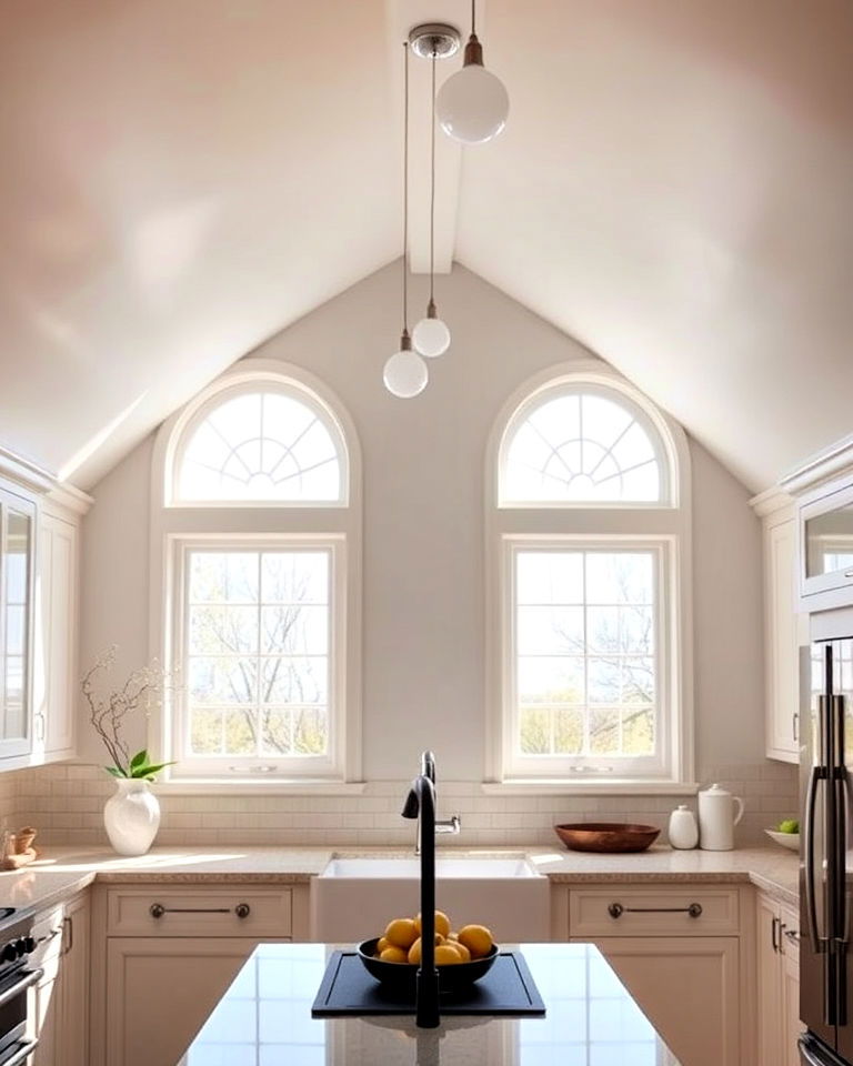 sloped ceiling with arched windows - 20 Sloped Ceiling Kitchen Ideas