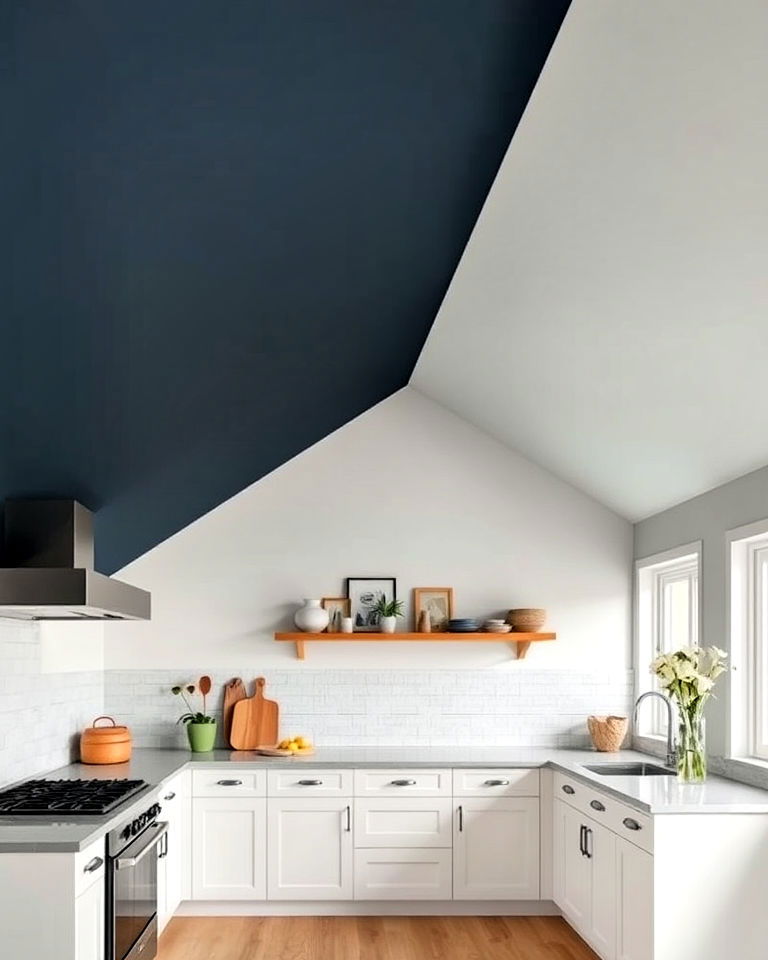 sloped ceiling with contrasting colors - 20 Sloped Ceiling Kitchen Ideas