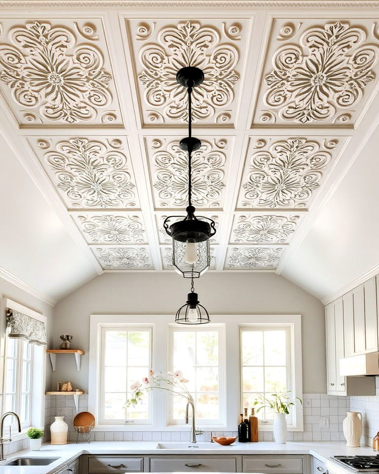 sloped ceiling with decorative ceiling tiles - 20 Sloped Ceiling Kitchen Ideas