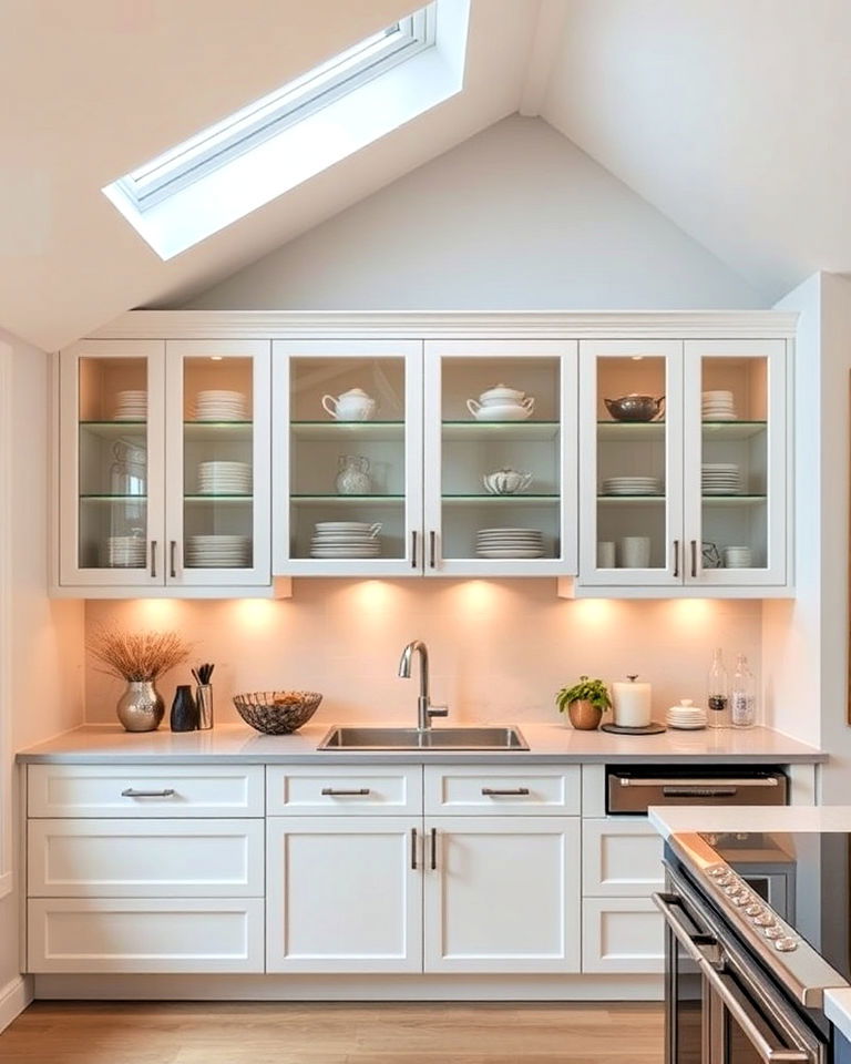 sloped ceiling with glass cabinet doors - 20 Sloped Ceiling Kitchen Ideas