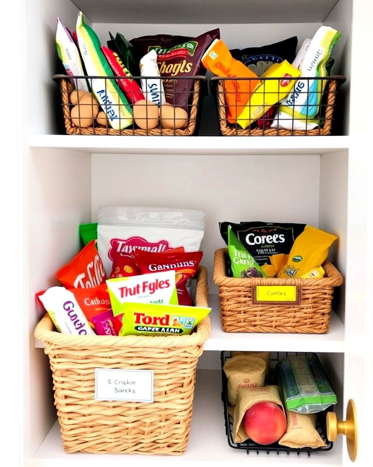 small baskets for individual snacks - 30 Small Pantry Ideas
