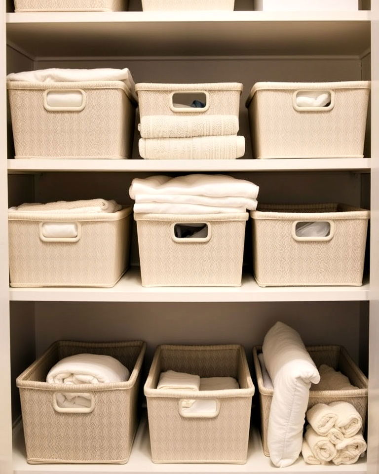 small closets with narrow bins - 30 Linen Closet Organization Ideas