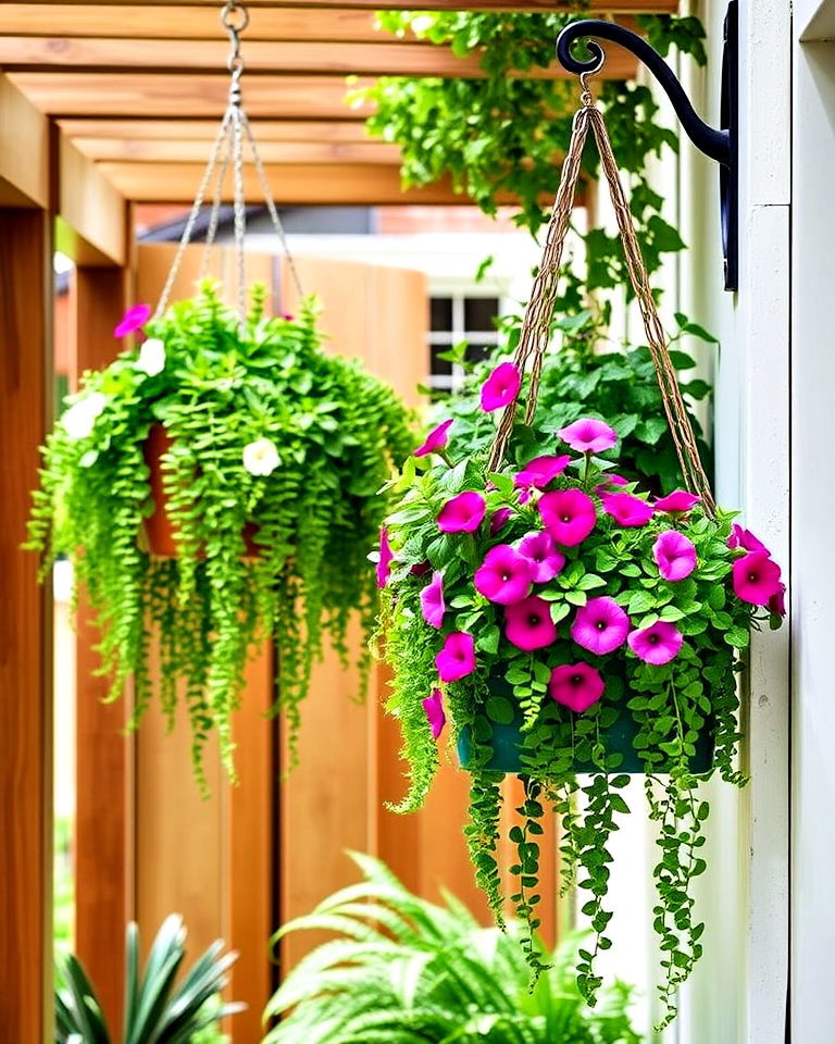 small garden with hanging planters - 20 Narrow Garden Ideas