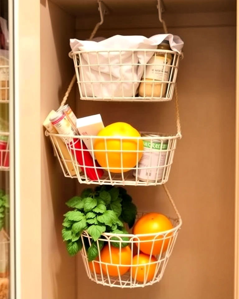 small hanging baskets for pantry items - 30 Small Pantry Ideas