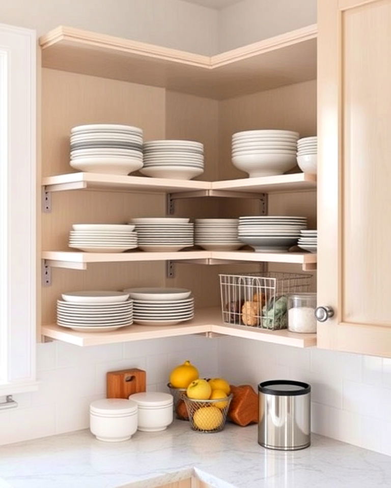 small kitchen storage with corner shelf risers - 40 Small Kitchen Storage Ideas