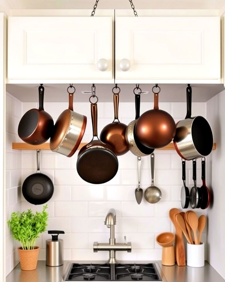 small kitchen storage with hanging pot racks - 40 Small Kitchen Storage Ideas