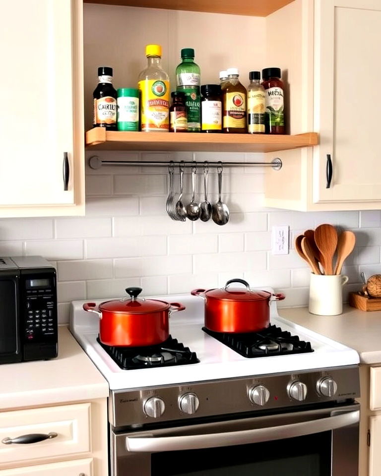 small kitchen storage with over the stove shelves - 40 Small Kitchen Storage Ideas