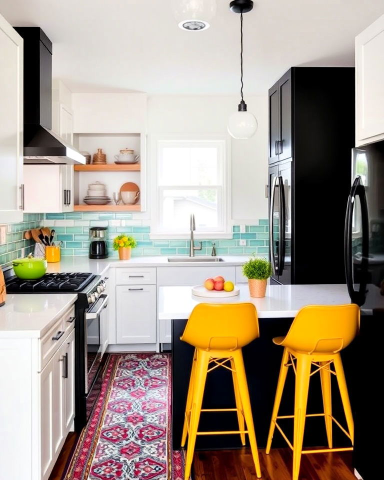 small kitchen with bold pops of color - 20 Small Kitchen with Black Appliances Ideas
