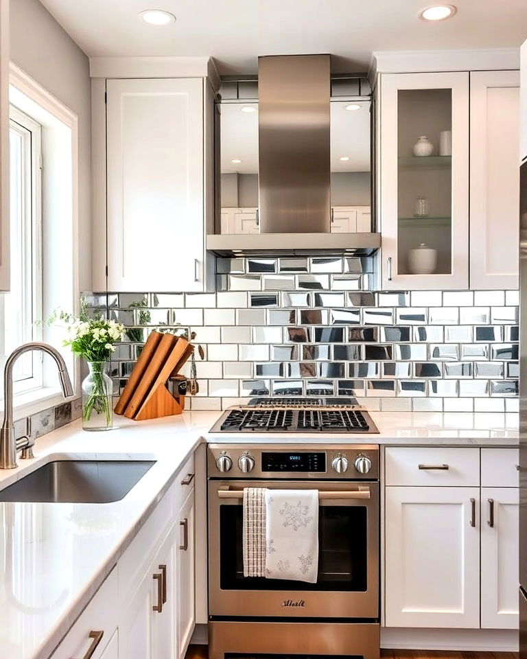 small kitchen with mirrored backsplash - 30 Mirrored Backsplash Kitchen Ideas